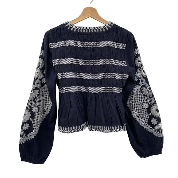 7 for all Mankind Embroidered Navy Blue balloon sleeve top smocked shacket